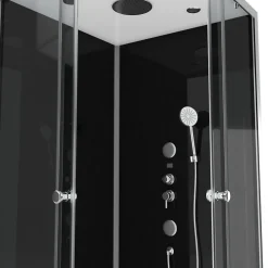 Cabine de douche l.90 x L.90 x H.215 cm – hydromassante, fond noir verre trempé, profilés chromés, tablette, Galedo Black 2