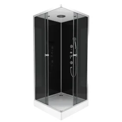 Cabine de douche l.90 x L.90 x H.215 cm – hydromassante, fond noir verre trempé, profilés chromés, tablette, Galedo Black 2