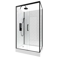 Cabine de douche L.80 x L.110 x H.230 cm – fond effet métro, douchette anticalcaire, style noir & blanc, Galedo Metro