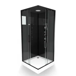 Cabine de douche l.90 x L.90 x H.230 cm – design noir, hydromassante, miroir intégré, portes coulissantes, Galedo Mirror 2 Square