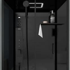 Cabine de douche l.115 x L.90 x H.220 cm – hydromassante connectée, Bluetooth, noir & blanc, plafond lumineux, Galedo Aura