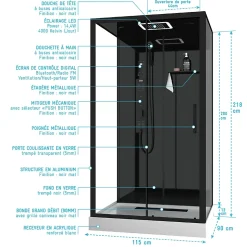 Cabine de douche l.115 x L.90 x H.220 cm – hydromassante connectée, Bluetooth, noir & blanc, plafond lumineux, Galedo Aura