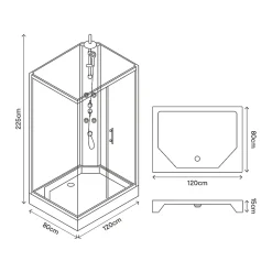 Cabine de douche l.80 x L.120 x H.225 cm – hydromassante, grise, profilés chromés, montage rapide, GoodHome Onega