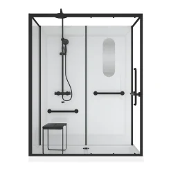 Cabine de douche l.85 x L.160 x H.200 cm – colonne thermostatique, noir & blanc, siège, large ouverture, Galedo Access 2