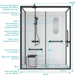 Cabine de douche l.85 x L.160 x H.200 cm – colonne thermostatique, noir & blanc, siège, large ouverture, Galedo Access 2