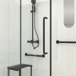 Cabine de douche l.85 x L.160 x H.200 cm – colonne thermostatique, noir & blanc, siège, large ouverture, Galedo Access 2