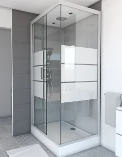 Cabine de douche l.80 x L.110 x H.215 cm – structure gris métal, sérigraphie 3 bandes, porte coulissante, Galedo River 2