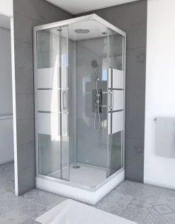 Cabine de douche l.90 x L.90 x H.215 cm – structure effet chrome, fond gris, sérigraphie 3 bandes, Galedo River 2 Square