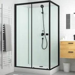 Cabine de douche rectangulaire 110x80x197 cm - Porte coulissante - Fonds Blancs & Profilés Noir Mat