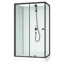 Cabine de douche rectangulaire 110x80x197 cm - Porte coulissante - Fonds Blancs & Profilés Noir Mat