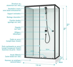 Cabine de douche rectangulaire 110x80x197 cm - Porte coulissante - Fonds Blancs & Profilés Noir Mat