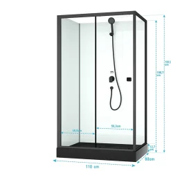 Cabine de douche rectangulaire 110x80x197 cm - Porte coulissante - Receveur Noir Mat