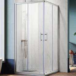 Cabine de Douche SIRHONA 90x90x185cm Porte Coulissante Double + Entrée d'angle + Verre trempé 6 mm + Argent Brillant
