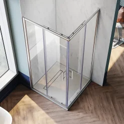 Cabine de Douche SIRHONA 90x90x185cm Porte Coulissante Double + Entrée d'angle + Verre trempé 6 mm + Argent Brillant
