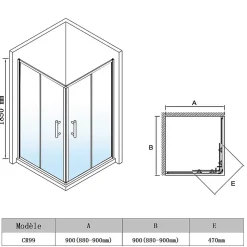 Cabine de Douche SIRHONA 90x90x185cm Porte Coulissante Double + Entrée d'angle + Verre trempé 6 mm + Argent Brillant