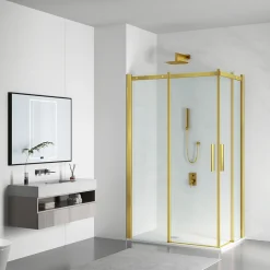 Cabine de douche 100x100 cm coulissante en 6mm verre trempé anticalcaire, profils dorés