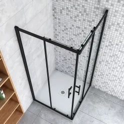 Cabine de douche 80x80x200cm accès d'angle - Noir Mat , noire porte de douche coulissante, en 6mm verre anticalcaire,