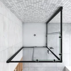 Cabine de douche 90x90x200cm accès d'angle - Noir Mat , noire porte de douche coulissante, en 6mm verre anticalcaire