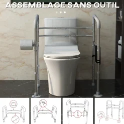 Cadre de sécurité de toilettes - cadre de toilettes réglable - barres d'appui rembourrées pour toilettes - alu. EVA gris
