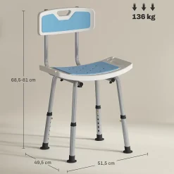 Chaise de douche siège de douche ergonomique hauteur réglable pieds antidérapants charge max. 136 Kg alu HDPE bleu