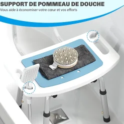 Chaise de douche siège de douche ergonomique hauteur réglable pieds antidérapants charge max. 136 Kg alu HDPE bleu