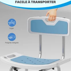 Chaise de douche siège de douche ergonomique hauteur réglable pieds antidérapants charge max. 136 Kg alu HDPE bleu