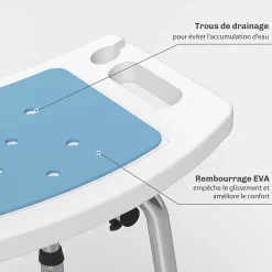 Chaise de douche siège de douche ergonomique hauteur réglable pieds antidérapants charge max. 136 Kg alu HDPE bleu