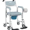 Chaise percée médicale à roulettes - repose-pieds, dossier, accoudoirs, pot amovible, support papier - alu blanc HDPE gris