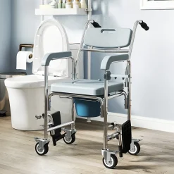 Chaise percée médicale à roulettes - repose-pieds, dossier, accoudoirs, pot amovible, support papier - alu blanc HDPE gris