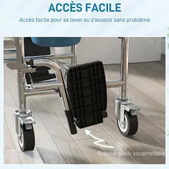 Chaise percée médicale à roulettes - repose-pieds, dossier, accoudoirs, pot amovible, support papier - alu blanc HDPE gris