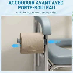 Chaise percée médicale à roulettes - repose-pieds, dossier, accoudoirs, pot amovible, support papier - alu blanc HDPE gris