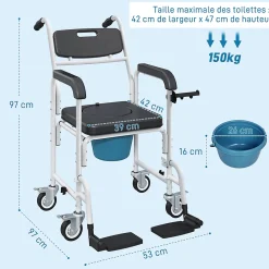 Chaise percée médicale à roulettes - repose-pieds, dossier, accoudoirs, pot amovible, support papier - alu blanc HDPE noir