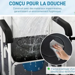 Chaise percée médicale à roulettes - repose-pieds, dossier, accoudoirs, pot amovible, support papier - alu blanc HDPE noir