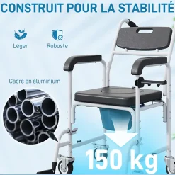 Chaise percée médicale à roulettes - repose-pieds, dossier, accoudoirs, pot amovible, support papier - alu blanc HDPE noir