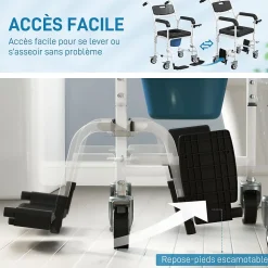 Chaise percée médicale à roulettes - repose-pieds, dossier, accoudoirs, pot amovible, support papier - alu blanc HDPE noir