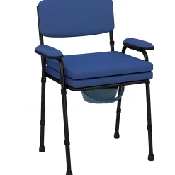 Chaise percée réglable - chaise de toilette - seau amovible, coussin, accoudoirs - acier noir PVC bleu