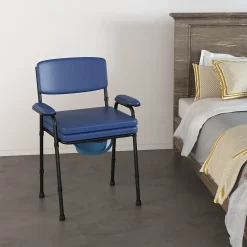 Chaise percée réglable - chaise de toilette - seau amovible, coussin, accoudoirs - acier noir PVC bleu