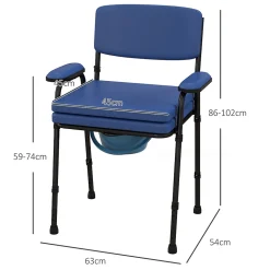 Chaise percée réglable - chaise de toilette - seau amovible, coussin, accoudoirs - acier noir PVC bleu