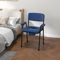 Chaise percée réglable - chaise de toilette - seau amovible, coussin, accoudoirs - acier noir PVC bleu