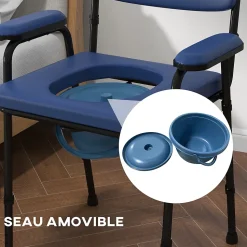 Chaise percée réglable - chaise de toilette - seau amovible, coussin, accoudoirs - acier noir PVC bleu