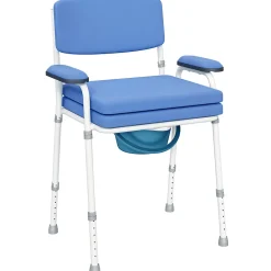 Chaise percée réglable - chaise de toilette - seau amovible, coussin, accoudoirs - acier blanc PVC bleu