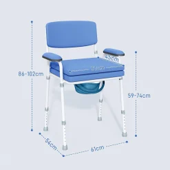 Chaise percée réglable - chaise de toilette - seau amovible, coussin, accoudoirs - acier blanc PVC bleu