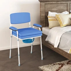 Chaise percée réglable - chaise de toilette - seau amovible, coussin, accoudoirs - acier blanc PVC bleu