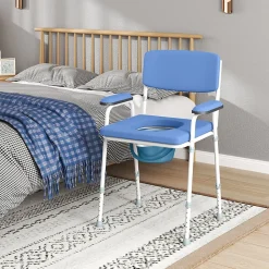 Chaise percée réglable - chaise de toilette - seau amovible, coussin, accoudoirs - acier blanc PVC bleu