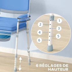 Chaise percée réglable - chaise de toilette - seau amovible, coussin, accoudoirs - acier blanc PVC bleu