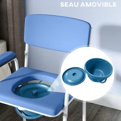 Chaise percée réglable - chaise de toilette - seau amovible, coussin, accoudoirs - acier blanc PVC bleu