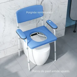 Chaise percée réglable - chaise de toilette - seau amovible, coussin, accoudoirs - acier blanc PVC bleu
