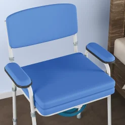Chaise percée réglable - chaise de toilette - seau amovible, coussin, accoudoirs - acier blanc PVC bleu