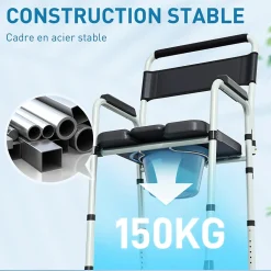 Chaise percée toilette pliable hauteur réglable - seau amovible - siège, accoudoirs rembourrés - max. 150 Kg - acier gris noir