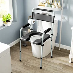Chaise percée toilette pliable hauteur réglable - seau amovible - siège, accoudoirs rembourrés - max. 150 Kg - acier gris noir